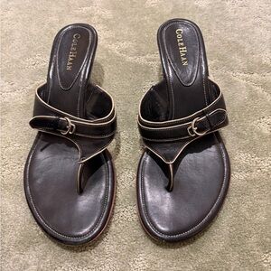 Cole Haan Black Leather Thong Kitten Heel Sandals with Cream Trim and Buckle